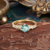Round Moss Agate Ring Nature Inspired Six Claw Engagement Ring